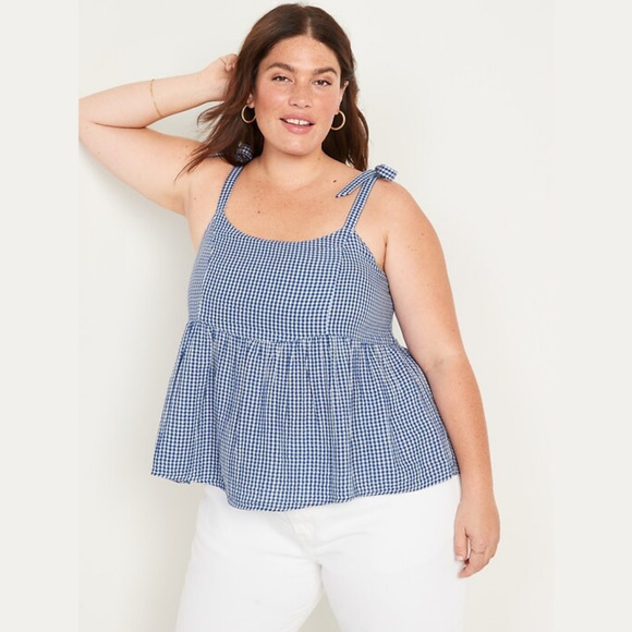 Old Navy Tops - Old Navy Tie Shoulder Smocked Gingham Babydoll Tank Top 2X
